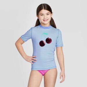 Girls  Flip Sequin Cherry Rashguard Swim Shirt Separate Small 6/6X